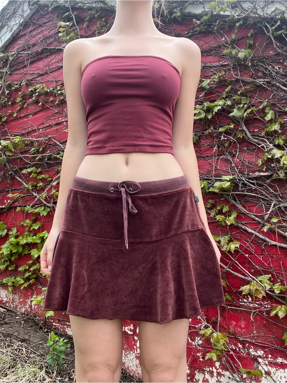Velvet Drawstring Mini Skirt in Maroon